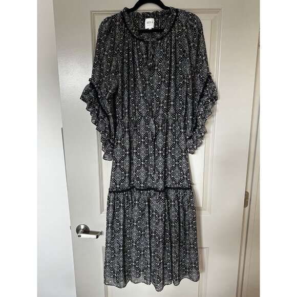 MISA LA Marcele Bell Sleeve Printed Bohemian Midi Dress Black Blue Small - Picture 2 of 9